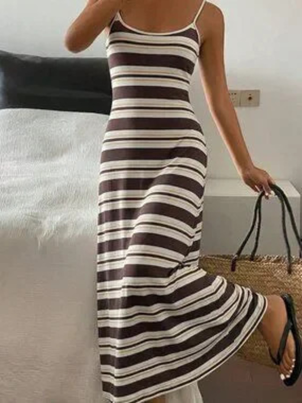 ZARA Khaki Casual Women's Striped Beach Vacation Dress